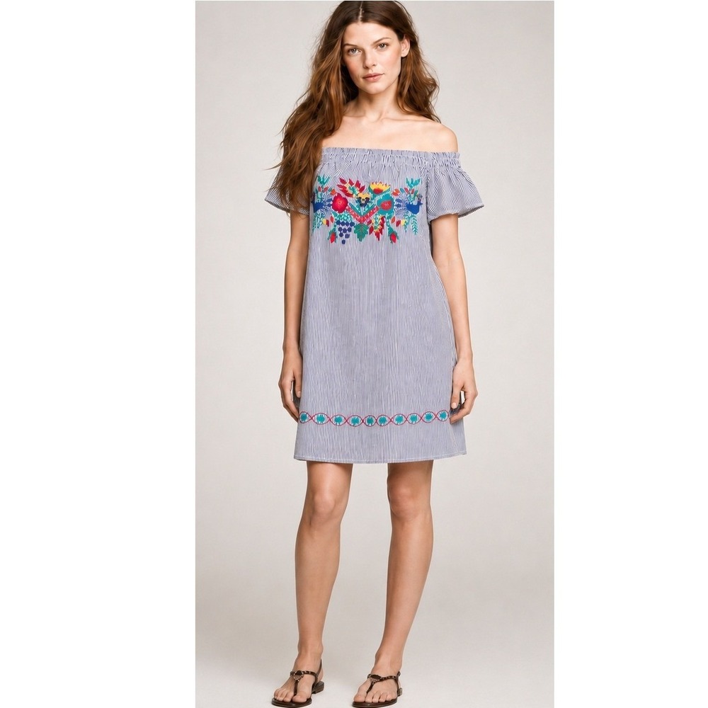 Judith March Navy Stripe Embroidered Off Shoulder Boho Mini Dress Large